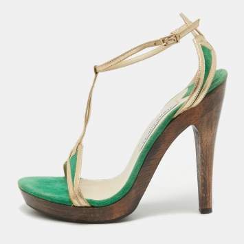 Pre Owned Jimmy Choo Green/Gold Suede and Leather T-Bar Ankle Strap Sandals Size 39
