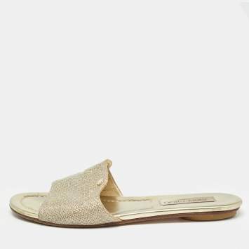 Pre Owned Jimmy Choo Gold Glitter Nanda Flat Slides Size 38.5