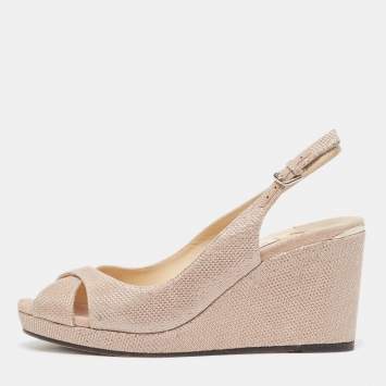 Pre Owned Jimmy Choo Beige Suede and Glitter Wedge Sandals Size 37.5