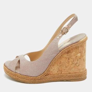 Pre Owned Jimmy Choo Metallic Pink Glitter Amely Wedge Sandals Size 37
