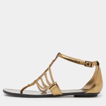 Pre Owned Jimmy Choo Gold Laminated Leather Thong Flat Sandals Size 38.5