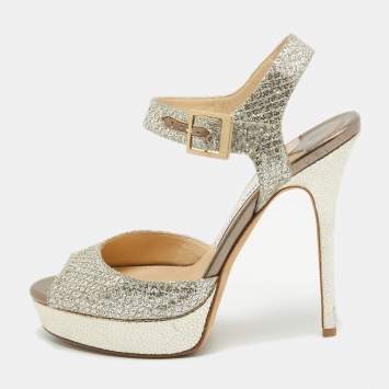 Pre Owned Jimmy Choo Silver Glitter Linda Ankle Strap Sandals Size 38