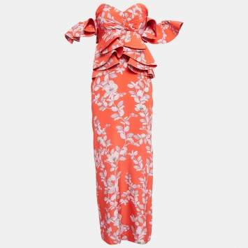 Pre Owned Johanna Ortiz Red Bougainvillea Print Silk Off-Shoulder Maxi Dress M