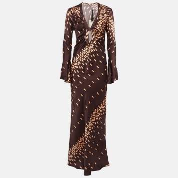 Pre Owned Johanna Ortiz Brown Voragine Abstract Print Silk Maxi Dress S