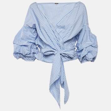 Pre Owned Johanna Ortiz Blue Stripe Cotton Blend Wrap Around Blouse M