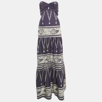 Pre Owned Johanna Ortiz Navy Blue Printed Cotton Strapless Tie-Up Detail Orilla Del Mar Maxi Dress M