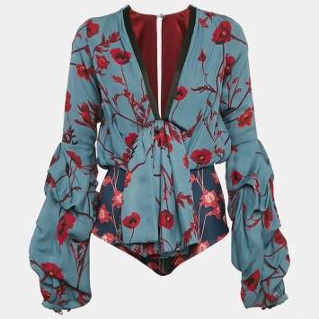 Pre Owned Johanna Ortiz Blue Floral Print Silk Blend Bow Detail Bodysuit XS