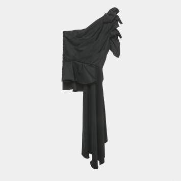 Pre Owned Johanna Ortiz Black Ruffled Asymmetric One-Shoulder Top M