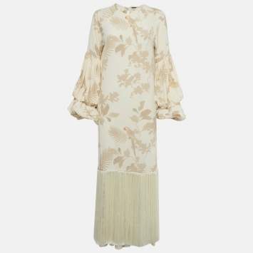 Pre Owned Johanna Ortiz Beige Printed Silk Fringe Detail Dress M