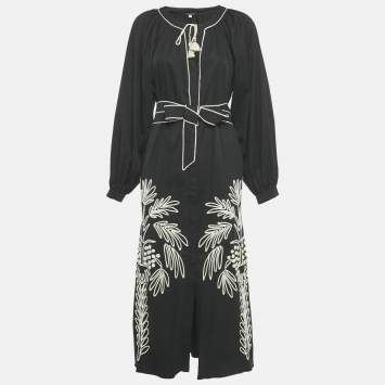 Pre Owned Johanna Ortiz Black Embroidered Detail Cotton Maxi Dress L