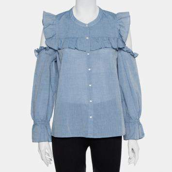 Pre Owned Joie Blue Cotton Cold Shoulder Ruffled Button Front Akari Top M