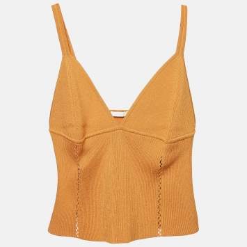 Pre Owned Jonathan Simkhai Brown Rib Knit Cut-Out Detail Crop Top L