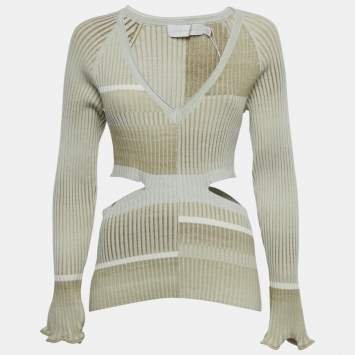 مملوكة مسبقًا Jonathan Simkhai Beige Peyton Striped Rib Knit Cut-Out Top L