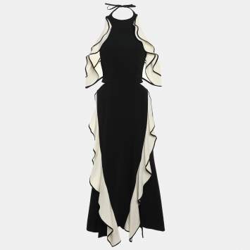 Pre Owned Jonathan Simkhai Black/Cream Crepe Ruffled Detail Dress XS