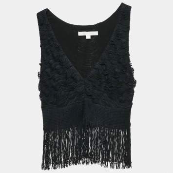 مملوكة مسبقًا Jonathan Simkhai Black Jersey Fringed Sleeveless Top XS