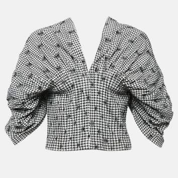 Pre Owned Jonathan Simkhai Black/White Gingham Crepe Pleated Corset Top M