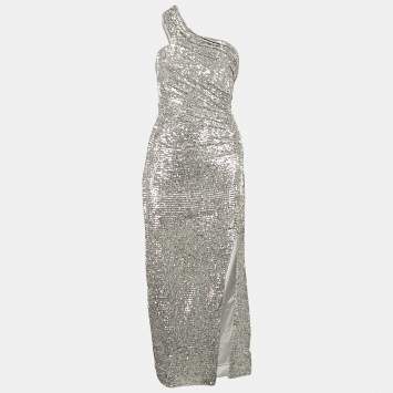 Pre Owned Jonathan Simkhai Silver One Shoulder Sequin Midi Dress S