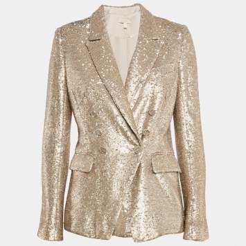 Pre Owned Jonathan Simkhai Gold Sequin Double Breasted Blazer S