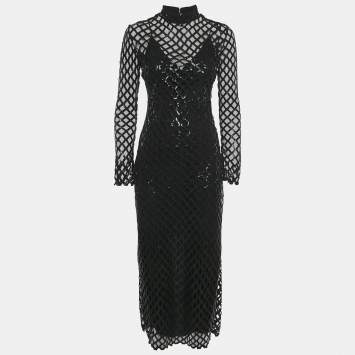 مملوكة مسبقًا Jonathan Simkhai Black Honeycomb Sequin Mesh Ainaz Long Dress S