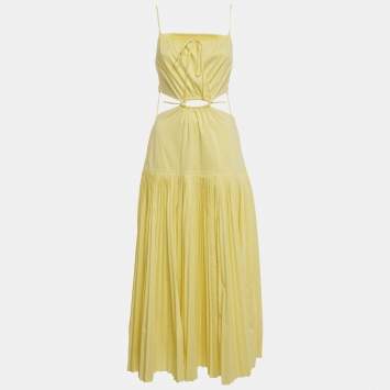 Jonathan Simkhai Yellow Cotton Blend Pleated Cut-Out Maxi Dress S