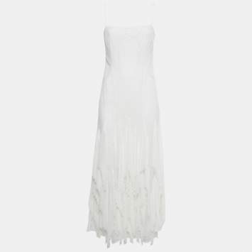 Pre Owned Simkhai White Chiffon Pleated Lace Maxi Dress S