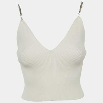 Pre Owned Jonathan Simkhai White Rib Knit Stone Studded Cain Shoulder Detail Crop Top S
