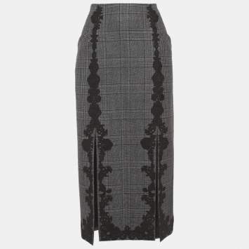 Pre Owned Jonathan Simkhai Grey Check Wool Lace Applique Midi Skirt S