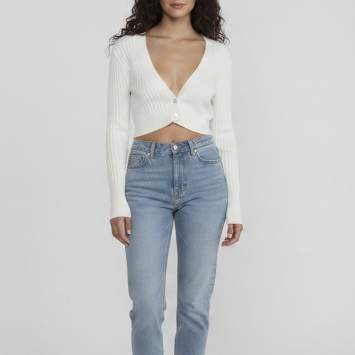 مملوكة مسبقًا Jonathan Simkhai Off White Rib Knit Plunge Neck Kayla Cardigan S