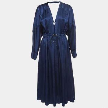 مملوكة مسبقًا Jonathan Simkhai Navy Blue Santiago Godet Silk Midi Dress S