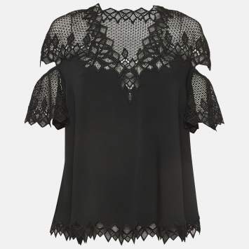 مملوكة مسبقًا Jonathan Simkhai Black Lace Trim Crepe Cut-Out Sleeve Detail Blouse S