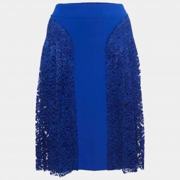 Pre Owned Joseph Blue Crepe & Lace Trim Pleated Short Skirt L