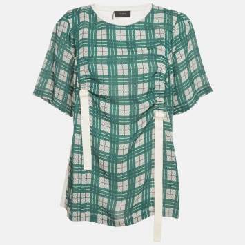 مملوكة مسبقًا Joseph Green/White Checkered Cotton & Silk Buckle Detail Top XL