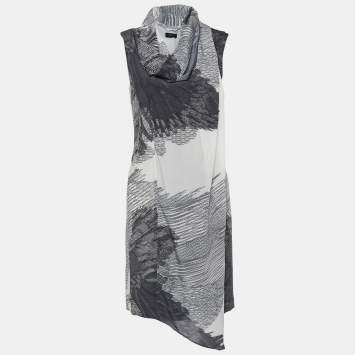 Pre Owned Joseph Monochrome Eagle Printed Silk Neck Scarf Detail Cooper Dress M