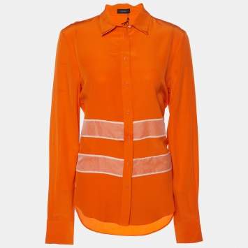 Pre Owned Joseph Orange Silk & Organza Stripe Detail Shirt M