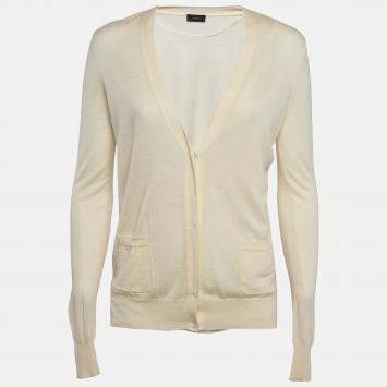 Pre Owned Joseph Cream Georgette and Wool Buttoned Cardigan L