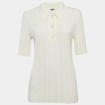 Pre Owned Joseph Ivory White Textured Rib Knit Polo T-Shirt S