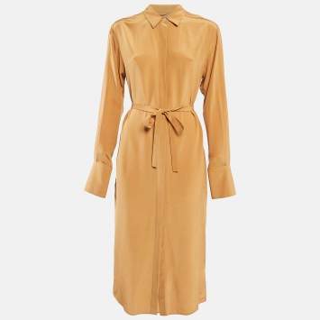 Pre Owned Joseph Brown Crepe Silk Belted Brown Shirt Dress S