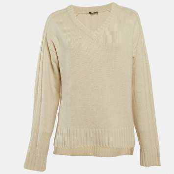 Pre Owned Joseph Ivory White Cashmere Knit V-Neck Sweater L