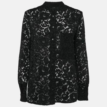 Pre Owned Joseph Black Floral Lace Button Front Blouse M
