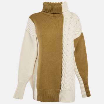 Pre Owned Joseph Cream/Green Cable Knit Turtle Neck Sweater M
