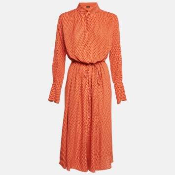 Pre Owned Joseph Orange Floral Print Silk Shirt Dress M
