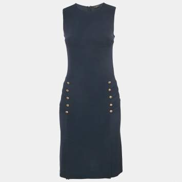 Joseph Navy Blue Stretch Crepe Button Detail Sleeveless Short Dress S