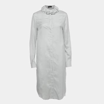 Pre Owned Joseph White Striped Silk Ruffle Neck Shirt Dress M