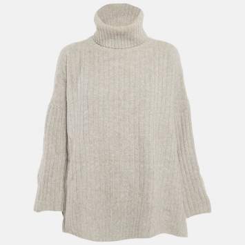 Pre Owned Joseph Grey Rib Knit Side Slit Turtle Neck Sweater M