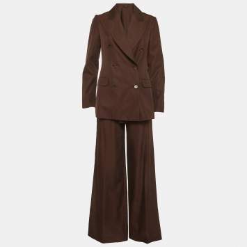 Pre Owned بذلة حرير جوزيف بني مزدوج الصدر مع بنطال مقاس صغير (سمول)