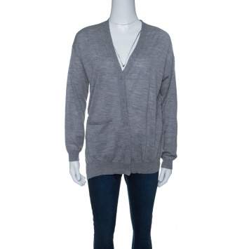 Pre Owned Joseph Grey Merinos Wool Ribbed Trim Asymmetric Cardigan XS