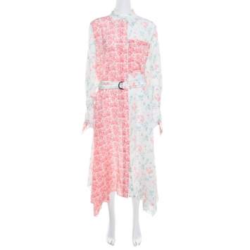Pre Owned Joseph Pastel Peony Printed Silk Handkerchief Hem Belted Cyprien Shirt Dress M