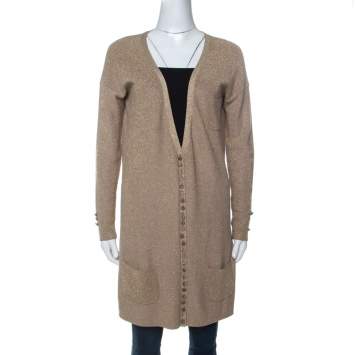 Pre Owned Joseph Gold Silk Blend Lurex Knit Mid Length Cardigan M 