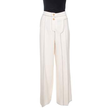 Pre Owned Joseph Cream Crepe Contrast Stitch Wide Leg Kirn Trousers M