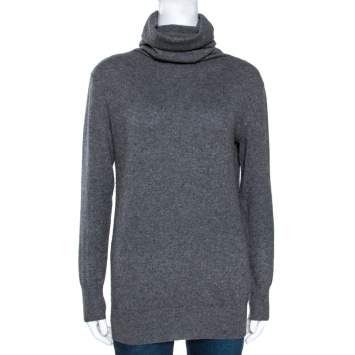 Pre Owned Joseph Grey Cashmere Leather Patch High Neck Tunic Sweater XS